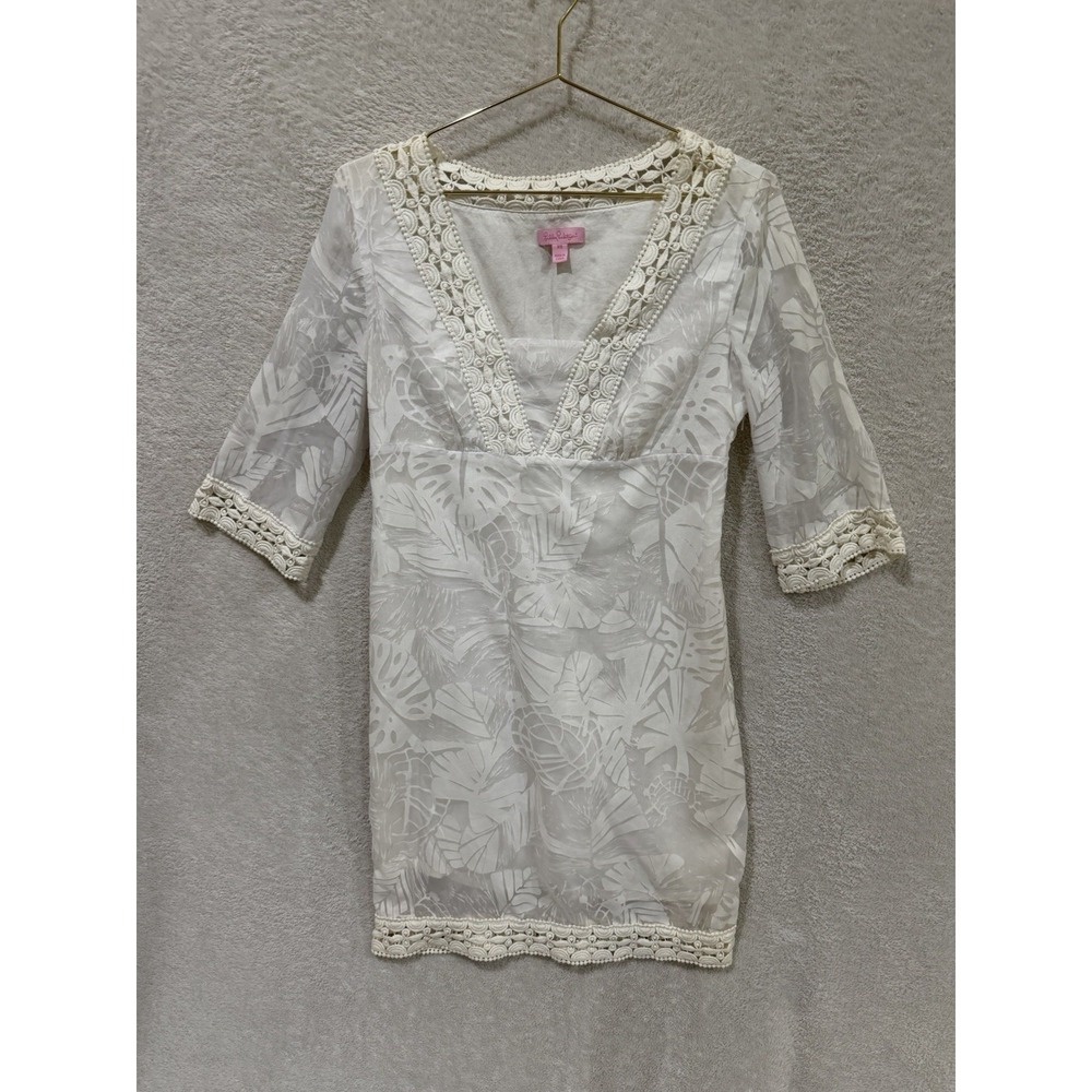 Lilly Pulitzer Pink Label Resort White 3/4 Sleeve Dress W/Side Zip Women's XS